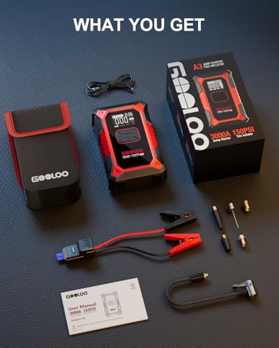 GOOLOO A3 Jump Starter with Air Compressor, 3000A Portable Car Battery Booster (9.0 Gas/6.5L Diesel) with 150PSI Auto-Shutoff Tire Inflator, 12V Supersafe Lithium Jump Box Car Battery Jumper Starter - color: Red