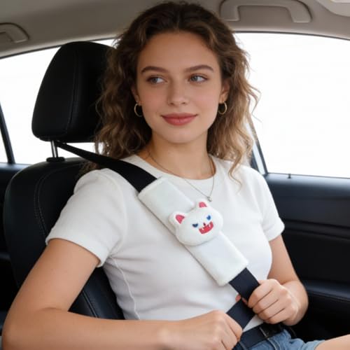 2 PCS Seat Belt Cover Pad, Cute Kawaii Animal Cat Seatbelt Covers for Kids, Soft Seatbelt Cushion, Car Seat Strap Pads (Black+White) - color: Black+White