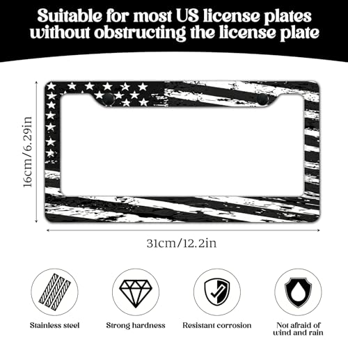 2 Pack License Plate Frames, American Flag License Plate Cover, Universal US Stainless Steel License Plate Holder with Screws for Women Men - color: Black & White