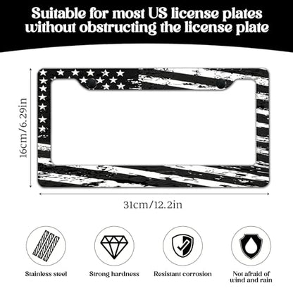 2 Pack License Plate Frames, American Flag License Plate Cover, Universal US Stainless Steel License Plate Holder with Screws for Women Men - color: Black & White