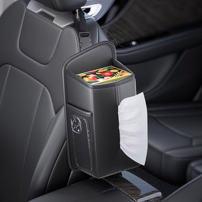 Car Tissue Holder for Front Seat, Headrest Organizer with 2 Side Mesh Pockets for Phones & Cards, L-Square Tissue Box Cover Holds 150 Tissues, Durable PU Leather