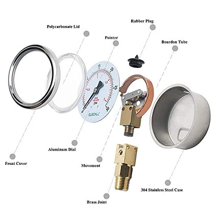 2-1/2” Glycerin Liquid Filled Air Pressure Gauge, 0-30Psi, 1/4”NPT Lower Mount, Stainless Steel Case, Brass Internals, Water Pressure Gauge - size: 0-30 Psi