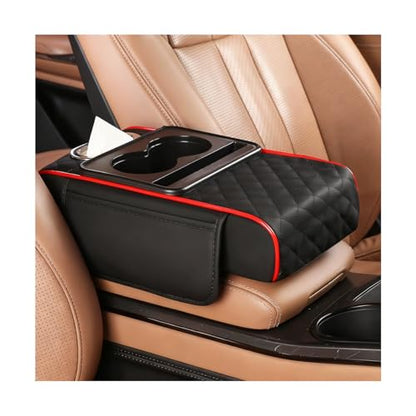 Car Armrest Cushion, 5-in-1 Nappa Leather Vehicle Centre Console Cover with 2 Storage Pockets, Cup Phone & Phone Holder, Multifunctional Auto Organiser Accessories, Universal Fit (Black/Red) - color: Black/Red
