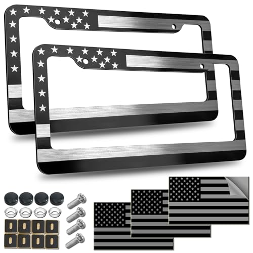 American Flag License Plate Frame - Black Patriotic USA Car Tag Frame Holder 2 Pack in Alum-Plastic Hybrid with Brushed Finish & Screws Caps Decals - color: Black-Aluminum-Wide