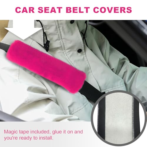 5PCS Fluffy Car Steering Wheel Cover Set, Includes Faux Fur Gear Shift Cover & Handbrake Cover & Steering Wheel Protector & 2 Seat Belt Shoulder Pads, Winter Fuzzy Warm Car Accessories (Rose Red) - color: Rose Red