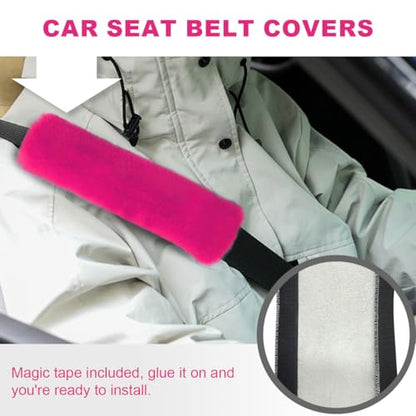 5PCS Fluffy Car Steering Wheel Cover Set, Includes Faux Fur Gear Shift Cover & Handbrake Cover & Steering Wheel Protector & 2 Seat Belt Shoulder Pads, Winter Fuzzy Warm Car Accessories (Rose Red) - color: Rose Red
