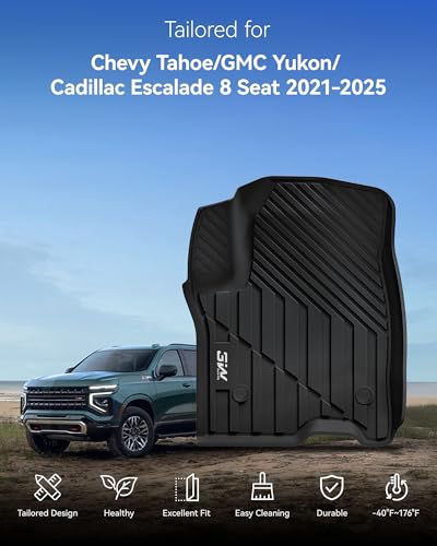 3W Floor Mats & Cargo Liner & Seat Back Mats for 2021-2026 （Only 8 Seats） Chevrolet Chevy Tahoe/GMC Yukon(Not Fit Yukon XL or Tahoe LS)/Cadillac Escalade(Not Fit Escalade ESV),All Weather Car Mats - size: Chevy Tahoe 8s 21-26 Full Set