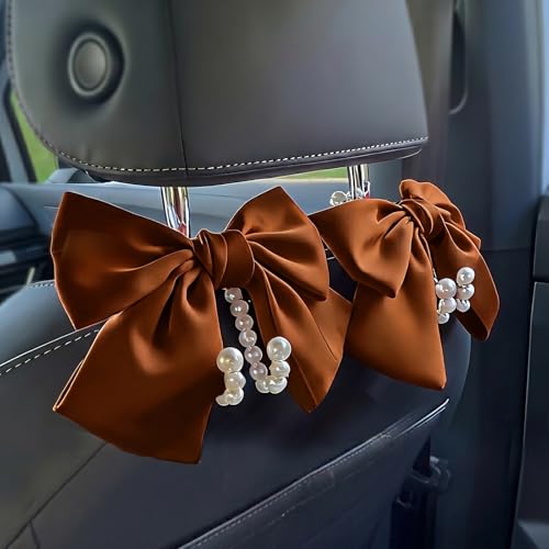 2 PCS Bow Pearl Car Seat Headrest Hook – Cute Purse Hook for Car, Girly Interior Decoration Accessories Hook Hanger, Seatback Holder for Purses & Bags, Elegant Car Organizer (Woody Brown) - color: Woody Brown