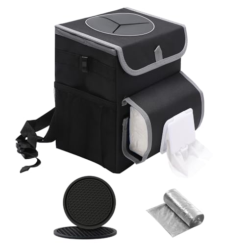 upra Car Trash Can with Lid,Bag Hanging Storage Pockets,Adjustable Tissue Holder & Straps,Portable Waterproof Garbage Bin, 1.98 Gal Large Capacity Multipurpose Bin - color: COASTER
