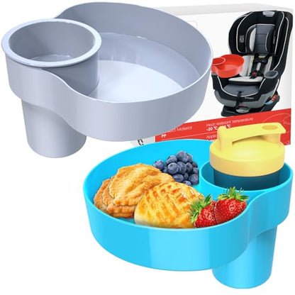 2PCS Car Seat Cup Holder for Kids - Kids Travel Tray with Snack Tray, Sturdy CarSeats Snack Trays for Toddler, Car Cup Holder for Safety Seats, Fits Stroller & Booster (blue/gray) - color: bluegray