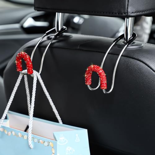 Soleebee 2 Pack Bling Car Headrest Hooks Crystal Rhinestones Universal Car Seat Hook Auto Hook Durable Car Back Seat Hangers Storage Organizer (Red) - color: Red