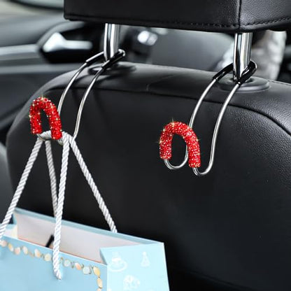 Soleebee 2 Pack Bling Car Headrest Hooks Crystal Rhinestones Universal Car Seat Hook Auto Hook Durable Car Back Seat Hangers Storage Organizer (Red) - color: Red