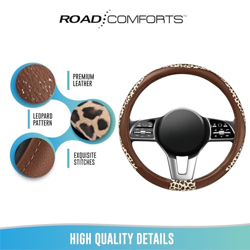 Road Comforts Steering Wheel Cover - Made with PVC Leather and Leopard Fabric - Universal 14 1/2 inches to 15 inches for Most Automotive Steering Wheel - Cheetah Print - Brown - color: Round-Brown