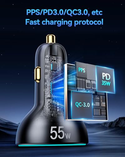 Rocoren 4-Port 55W Car Charger, PD3.0 QC3.0 Super Fast Charging USB C Car Charger for Multiple Devices, Cigarette Lighter Adapter for iPhone 17/16/15/14 Series, iPad Pro, Samsung S25/S24 Ultra, Pixel