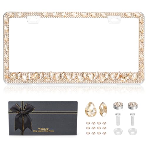 OKLPF Single Luxury Rhinestone License Plate Frame – Elegant Champagne Bling with Glitter Crystals, Anti-Theft Screws & Gift Box, Fits Standard US Plates(Champagne) - color: Champagne, size: 1pc