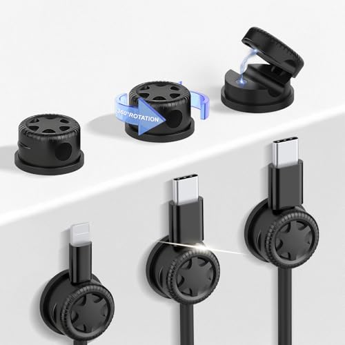 6Pack Cord Organizer Magnetic Cable Clips, 360° Rotation Cable Clips - Adjustable Cord Holder for Nightstand, Adhesive Cable Management Cord Clips, Cable Holder & Charger Organizer（Black - color: black