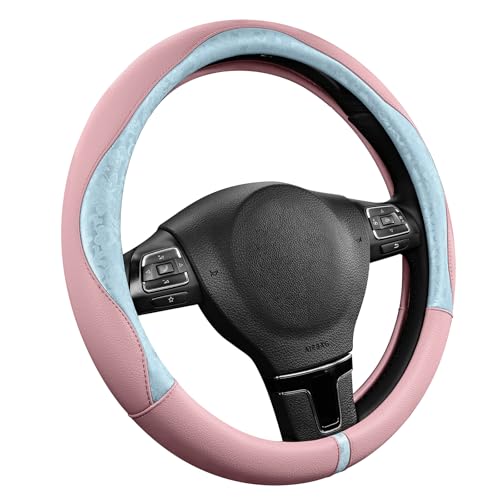 PIC AUTO Steering Wheel Cover, Light Blue Patterned & Pink Leather Patchwork Design, Universal Fit 14.5"–15.5", Anti-Slip, Odor-Free, Soft Grain Leather, Durable Grip Car Accessory for Girls & Women - color: Light Blue & Pink