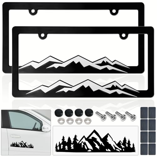 BGGTMO Mountain License Plate Frames- White on Black Mountain Raised, Plastic Black Car Tag Holder Bracket with Screws Caps, 2 Packs 2 Hole with Mountain Vinyl Sticker - color: White