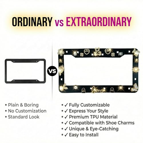 2 Pack License Plate Frames Compatible with Shoe Charms - Premium TPU (Better Than Silicone), DIY Cute Car Accessories, Rattle-Proof & Anti-Theft Stainless Steel Screws (Matte Black) - color: Black, size: 2 PCS