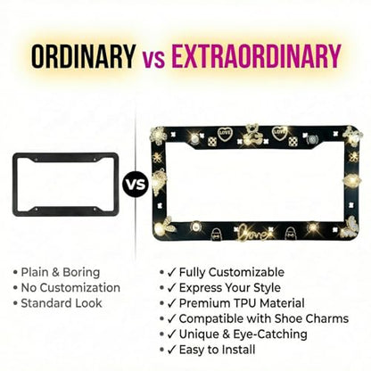 2 Pack License Plate Frames Compatible with Shoe Charms - Premium TPU (Better Than Silicone), DIY Cute Car Accessories, Rattle-Proof & Anti-Theft Stainless Steel Screws (Matte Black) - color: Black, size: 2 PCS