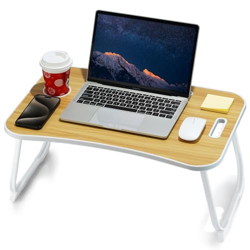 ZEAPTAC Laptop Bed Desk, Foldable Lap Desk, Portable Lap Table, Laptop Stand with Cup Holder & Tablet Slot & Lifting Handle for Working Writing Drawing & Eating - Wood - color: Wood