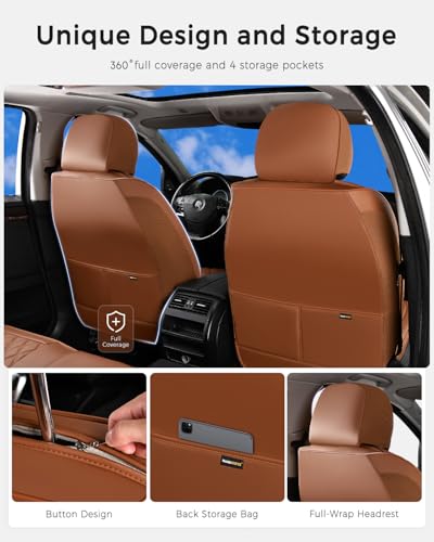Huidasource Brown Seat Covers, Nappa Leather Car Seat Covers, Velcro Adjustable, Compatible with Airbags, Child Seat, Seat Belts, Fit for Most Cars, Vans, Trucks, SUVs (Full Set/Brown) - color: 01FS# Brown, size: 5pcs Full Set