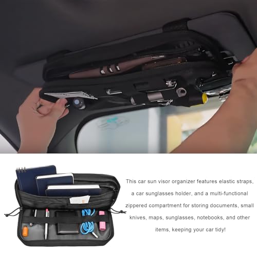 Molle Car Sun Visor Organizer, Multi-Pocket Zippered Visor Pouch with Tactical Panel & Glasses Clip, Sunshade Tactical Gear Storage Organizer for Trucks SUVs Patrol Cars