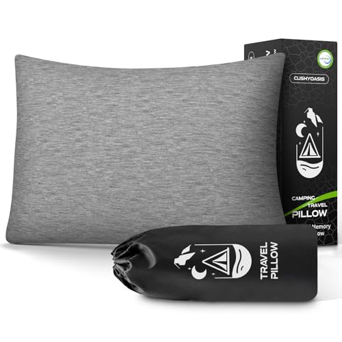 CushyOasis All-in-1 Camping Pillow Set - Shredded Memory Foam Neck Pillow Travel Pillow with Eye Mask, Earplugs, Washable Cover, Compact for Backpacking, Camping, Flights, Car Travel (Small Size) - size: Small