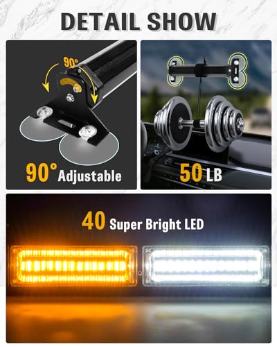 HLauto 1002L Emergency Strobe Traffic Advisor Light Bar: 40 LED Dash Safety Warning Flashing Light, Front/Rear Windshield Visor for Construction Vehicle, Tow/Plow Truck (2x10.7inch, Amber White) - color: #01 Amber/White