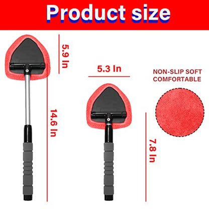Windshield Cleaning Tool, Car Window Cleaner with 4 Washable Reusable Microfiber Pads, Extendable Long Handle Glass Wiper Cleaning Kit, Auto Accessories Universal for Office and Home (Red) - color: Red
