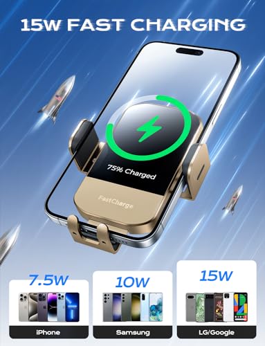 CHGeek Wireless Car Charger, 15W Fast Charging Auto Clamping Car Charger Phone Mount Phone Holder fit for iPhone 15 14 13 12 11 Pro Max Xs, Samsung Galaxy S24 Ultra S23 S22 S21, S20, S10+, Golden - color: Golden