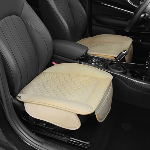 Elantrip 2 Pcs Faux Leather Beige Car Seat Covers with Padded Comfort and Storage Pockets Waterproof, Anti-Slip, Full Wrap Protection - Premium Interior Protectors for Cars, Trucks, SUVs - color: Beige