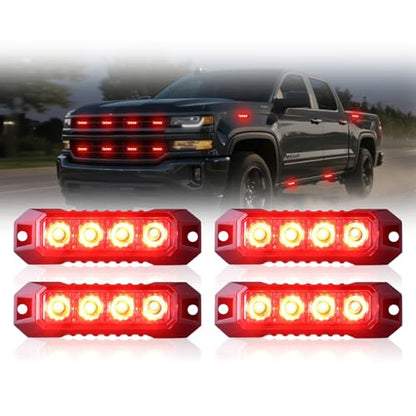 4PCS 4 LED Red Strobe Light, Surface Mount Strobe Lights for Trucks Car Vehicle Warning Flashing Beacon Hazard Emergency Lights Ultra Slim Sync Feature Mini Grille for Cars Trucks SUV RV ATV - color: Red
