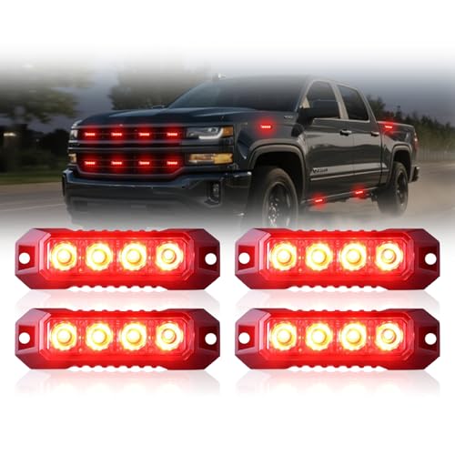 4PCS 4 LED Red Strobe Light, Surface Mount Strobe Lights for Trucks Car Vehicle Warning Flashing Beacon Hazard Emergency Lights Ultra Slim Sync Feature Mini Grille for Cars Trucks SUV RV ATV - color: Red