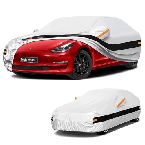 10 Layers Car Cover with Charger Port Custom Fit for Tesla Model 3 (2017-2026), Waterproof All Weather for Automobiles, Outdoor Full Cover Sun Dust Rain Protection with Cotton. Silver - size: Custom Fit for Tesla Model 3