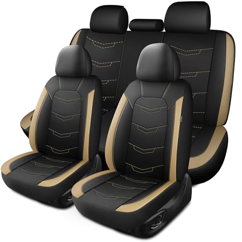 HChengkikz Seat Covers, Sport and Breathable Seat Covers, Anti-Slip Universal Fit Car Seat Covers Full Set for Cars Sedans SUV and Truck (Full Seat, Black+Beige, N2) - color: Black Beige, size: Full Set