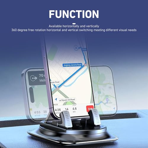 Car Dashboard Phone Holder, Rotatable One-Hand Operation Bracket, Anti-Slip Waterproof Navigation Mount with Strong Suction, Wider Silicone Base for Most Size Phones (Black)