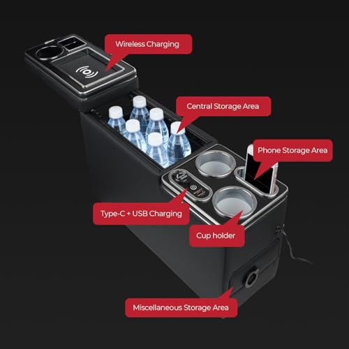 Center Console Between Seat Organizer for Minivans & SUVs - with Wireless Charging Pad, Blue LED Ambient Light, Phone Holder & Cup Holders, Middle Van Floor Console Storage Box (Black)