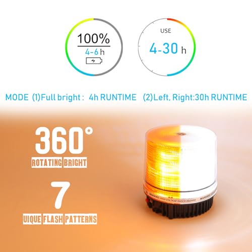 Amber/White Wireless Rotating Beacon Orange Battery Led Strobe Warning Light Roof Top Plow Hazard Flash Emergency Lights 12V with Magnetic Base Mount and Rechargeable Plug(Yellow/White, 18 LED) - color: Amber/White