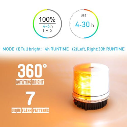 Amber/White Wireless Rotating Beacon Orange Battery Led Strobe Warning Light Roof Top Plow Hazard Flash Emergency Lights 12V with Magnetic Base Mount and Rechargeable Plug(Yellow/White, 18 LED) - color: Amber/White