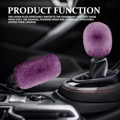 2PCS Plush Car Gear Shift Knob Cover & Handbrake Cover, Shift Knob Protector, Soft Fluffy Gear Handbrake Protective Sleeves, Shifter Lever Brake Handle Warm Plush Set for Cars (Grape Purple) - color: Grape Purple