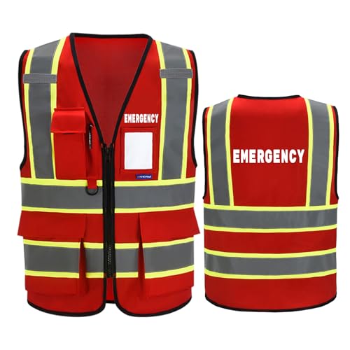 AYKRM Security Vest for Men Women 7 Pockets High Visibility Reflective Safety Vest Front Zipper Meets ANSI/ISEA - color: Red-emergency, size: Medium
