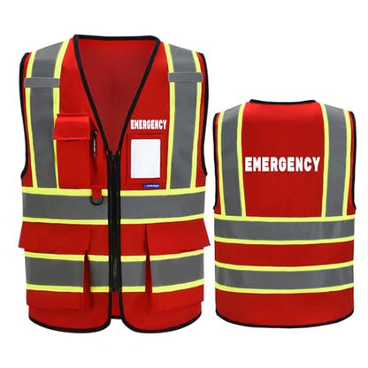 AYKRM Security Vest for Men Women 7 Pockets High Visibility Reflective Safety Vest Front Zipper Meets ANSI/ISEA - color: Red-emergency, size: X-Small