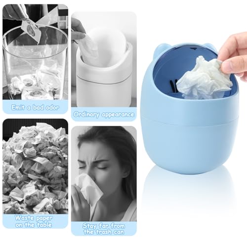 Mini Trash Can, Cute Small Trash Can with Lid, Desktop Paper Bin with 5 Rolls of Bin Liners, Portable Tabletop Dustbin, Cartoon Animal Rubbish Storage for Kitchen(Blue) - color: Blue