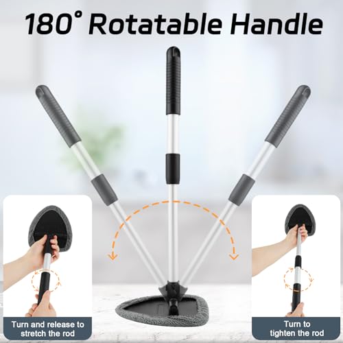 Windshield Cleaner Tool, Car Interior Window Cleaning Tool, Car Wash kit with 4 Reusable Microfiber Pads, 2 Extendable Handle and 2 Spray Bottles, Glass Wiper Kit for Windshield, Home Windows