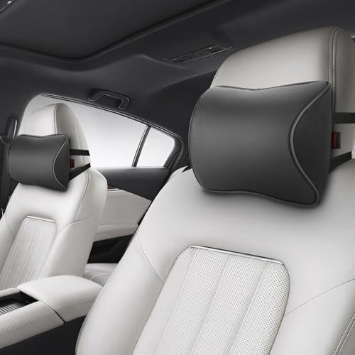 Aukee Car Headrest Pillow with Genuine Leather Cover Memory Foam Neck Cushion with 4 Extension Straps Adjuatable and Comfortable for Driving Home Office Black (Pack of 2) - color: Black, size: Pack of 2
