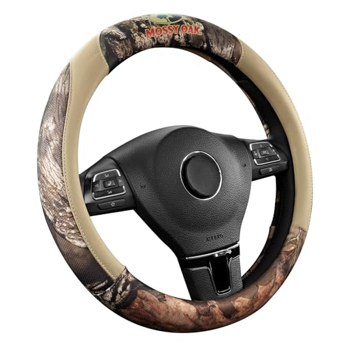 Mossy Oak Full Camo Steering Wheel Cover - Made from Premium Leather, Universal Fit for 14 1/2 to 15 inches - Official Licensed Product - Beige Color - color: Beige