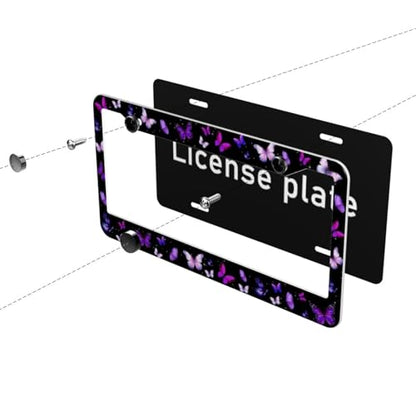 Purple Butterfly License Plate Frame Beauty Butterfly Steering Wheel Cover Funny Cars Decor Aluminum Plate Frame Anti-Slip Breathable with Screws Fits Standard Us Ca Vehicles - color: Purple Butterfly