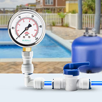 2-1/2” Glycerin Filled Pressure Gauge, 0-100Psi, 1/4”NPT Lower Mount, Stainless Steel Case, Brass Internals, Water Pressure Gauge - size: 0-100 Psi