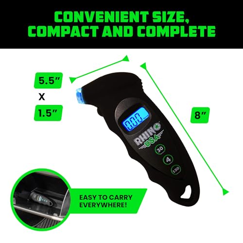 Rhino USA Digital Tire Pressure Gauge 150 PSI, 4 Ranges, Ergonomic Design w/Lighted Nozzle & LCD Backlit Display - Certified Accurate Readings, Best Digital Gage (Black) - color: Black